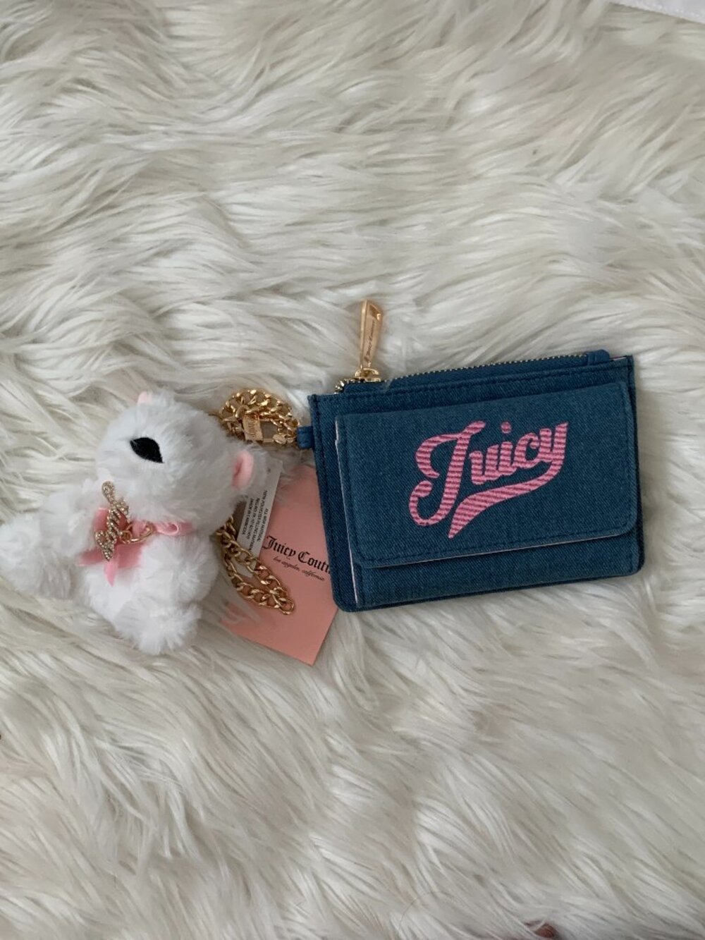 JUICY COUTURE Too Cute Teddy Charm Dual Fold Flap Wallet in Med Washed Denim